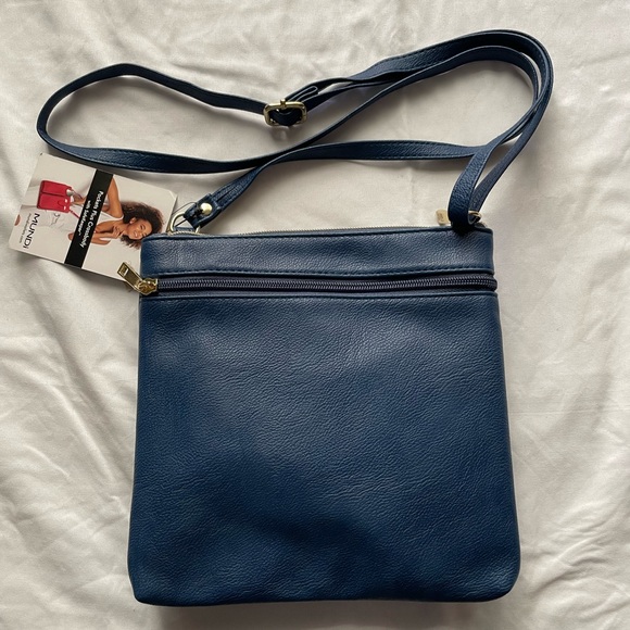 Mundi Pockets Plus Crossbody Bag with SafeKeeper in Navy Blue Vegan Leather - Picture 11 of 13